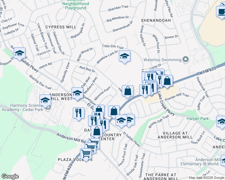 map of restaurants, bars, coffee shops, grocery stores, and more near 3405 Larkspur Way in Cedar Park