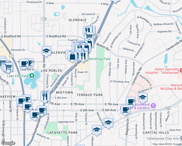 map of restaurants, bars, coffee shops, grocery stores, and more near 1534 Mitchell Avenue in Tallahassee