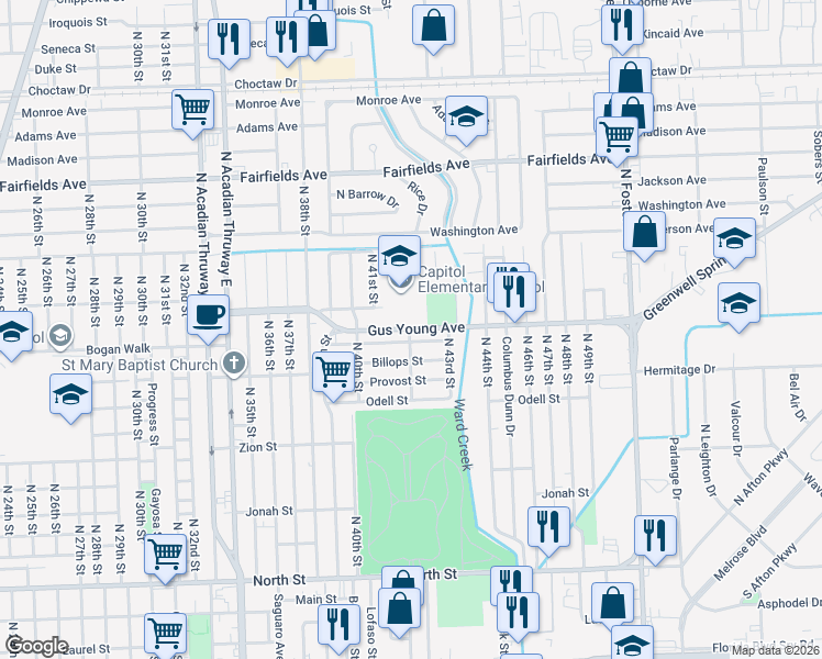 map of restaurants, bars, coffee shops, grocery stores, and more near Gus Young Avenue in Baton Rouge