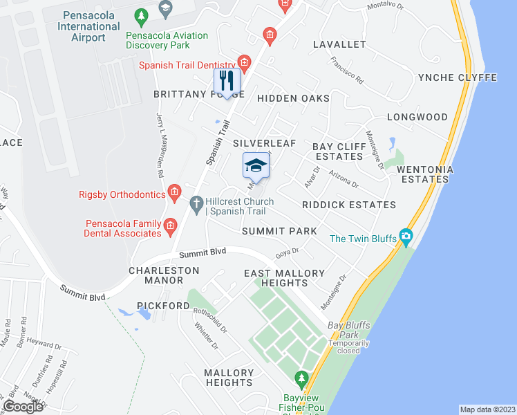 map of restaurants, bars, coffee shops, grocery stores, and more near 3505 Wimbledon Drive in Pensacola