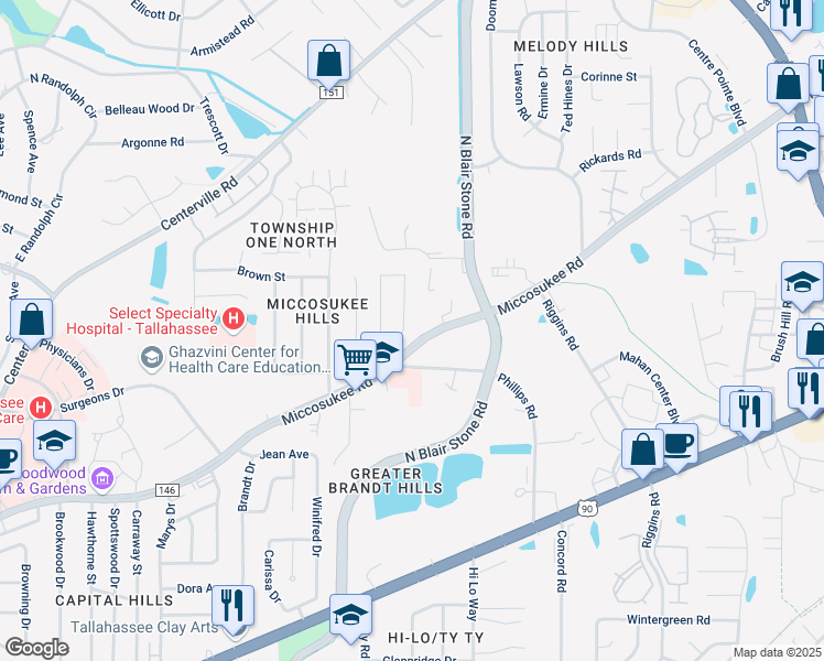 map of restaurants, bars, coffee shops, grocery stores, and more near 542 Teal Ln in Tallahassee