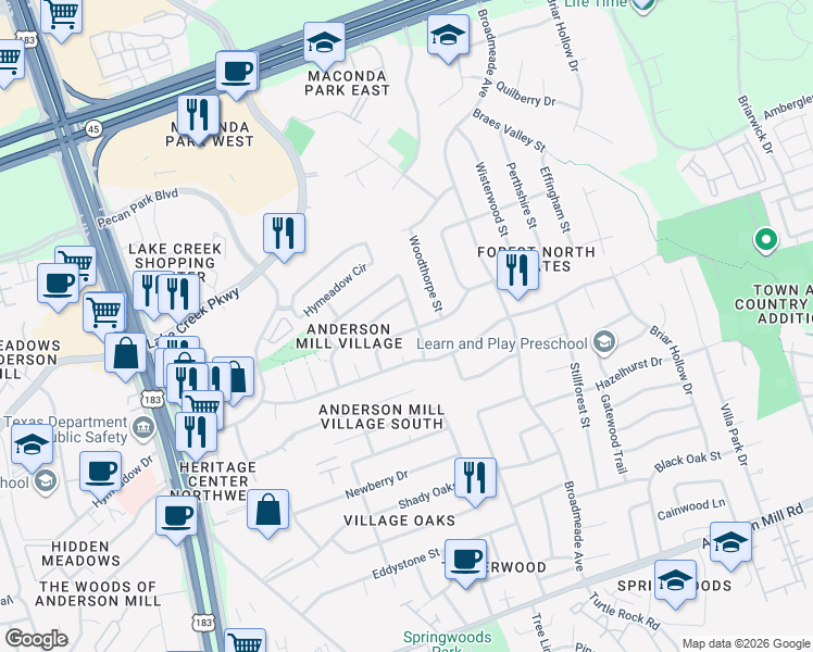 map of restaurants, bars, coffee shops, grocery stores, and more near 9702 Moorberry Street in Austin
