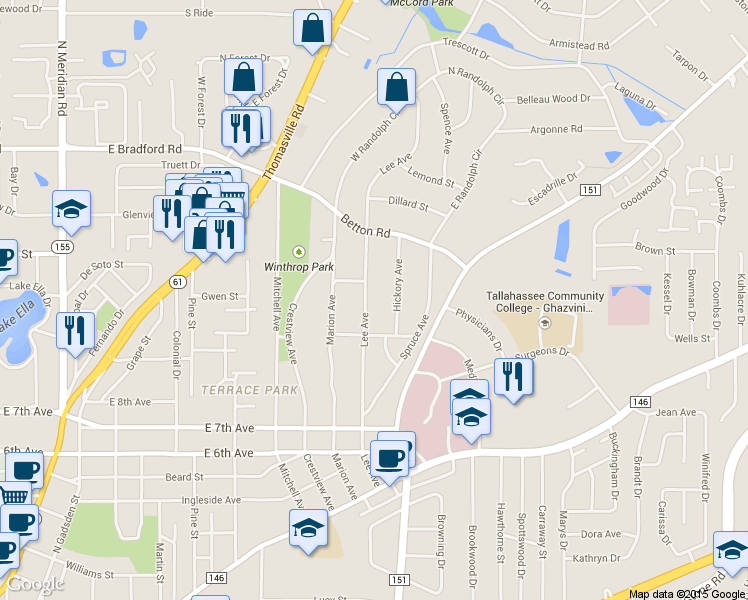 map of restaurants, bars, coffee shops, grocery stores, and more near 1537 Lee Avenue in Tallahassee
