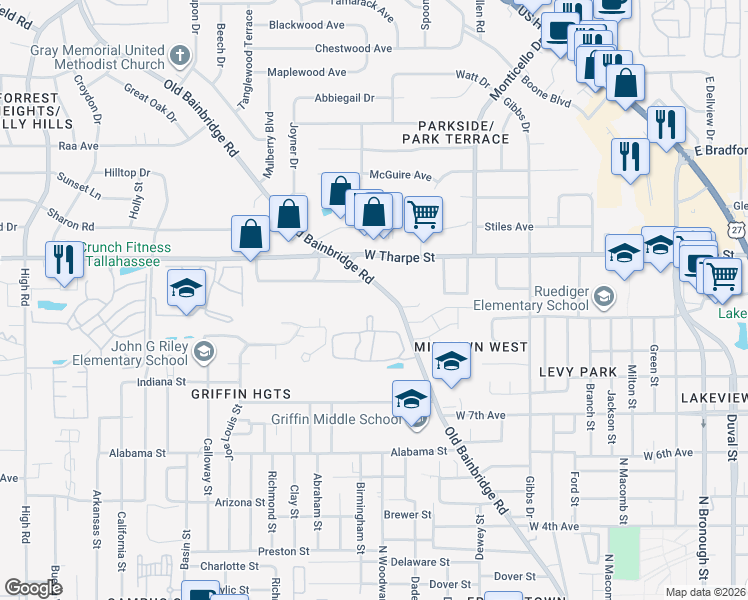 map of restaurants, bars, coffee shops, grocery stores, and more near 1630 Old Bainbridge Road in Tallahassee