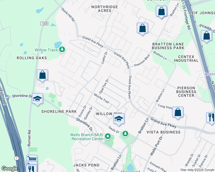 map of restaurants, bars, coffee shops, grocery stores, and more near 3601 Bratton Ridge Crossing in Austin