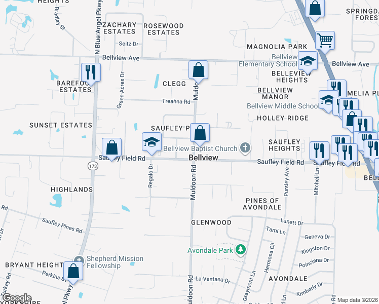 map of restaurants, bars, coffee shops, grocery stores, and more near 5004 Saufley Field Road in Pensacola