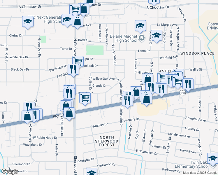 map of restaurants, bars, coffee shops, grocery stores, and more near 11766 Glenda Drive in Baton Rouge