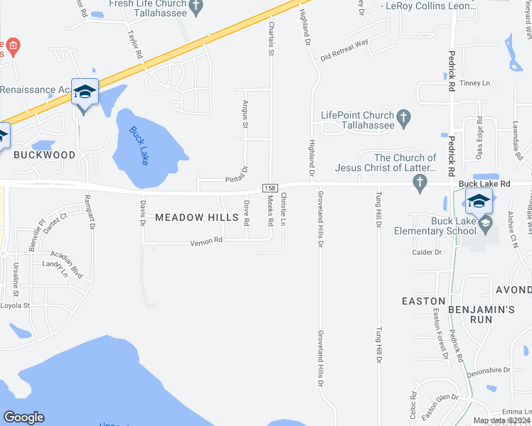 map of restaurants, bars, coffee shops, grocery stores, and more near 1510 Meeks Road in Tallahassee