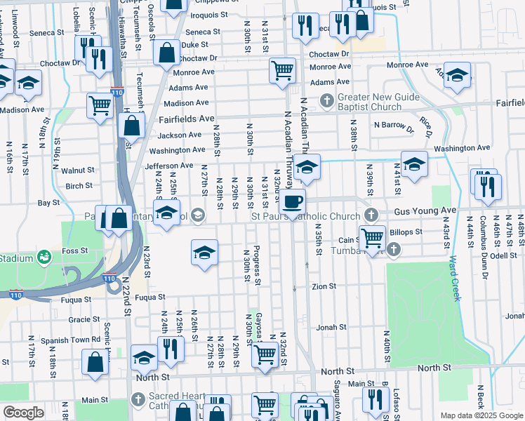 map of restaurants, bars, coffee shops, grocery stores, and more near 1417 North 31st Street in Baton Rouge