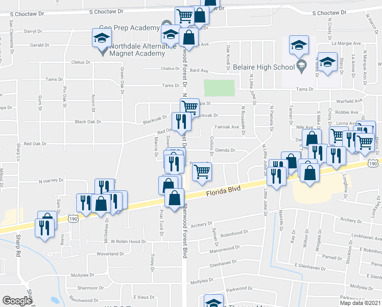 map of restaurants, bars, coffee shops, grocery stores, and more near 11368 Glenda Drive in Baton Rouge
