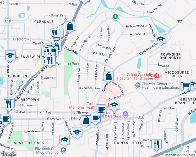 map of restaurants, bars, coffee shops, grocery stores, and more near 1535 Hickory Avenue in Tallahassee