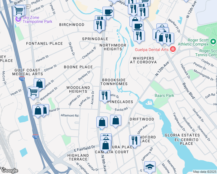map of restaurants, bars, coffee shops, grocery stores, and more near 4219 Brookside Drive in Pensacola