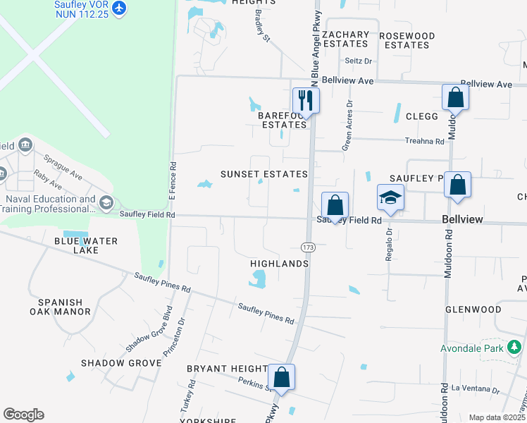map of restaurants, bars, coffee shops, grocery stores, and more near 6240 Suntan Circle in Pensacola