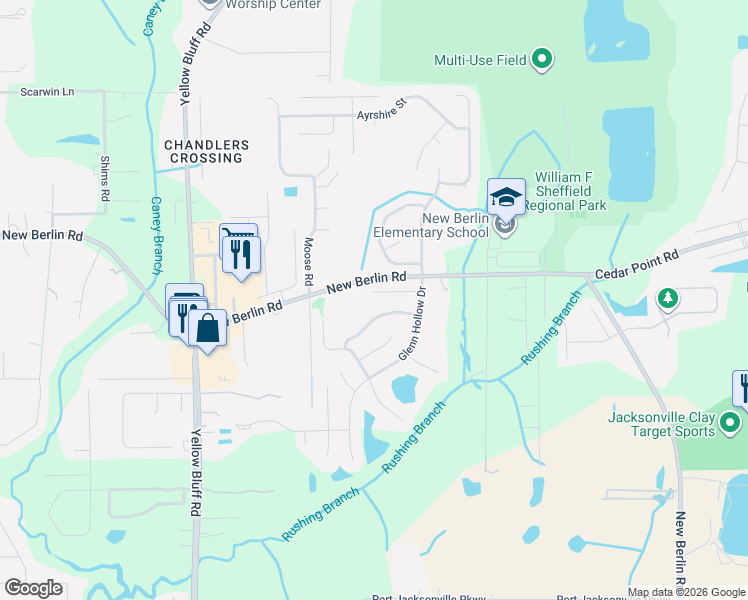 map of restaurants, bars, coffee shops, grocery stores, and more near 3388 Glenn Hollow Court in Jacksonville