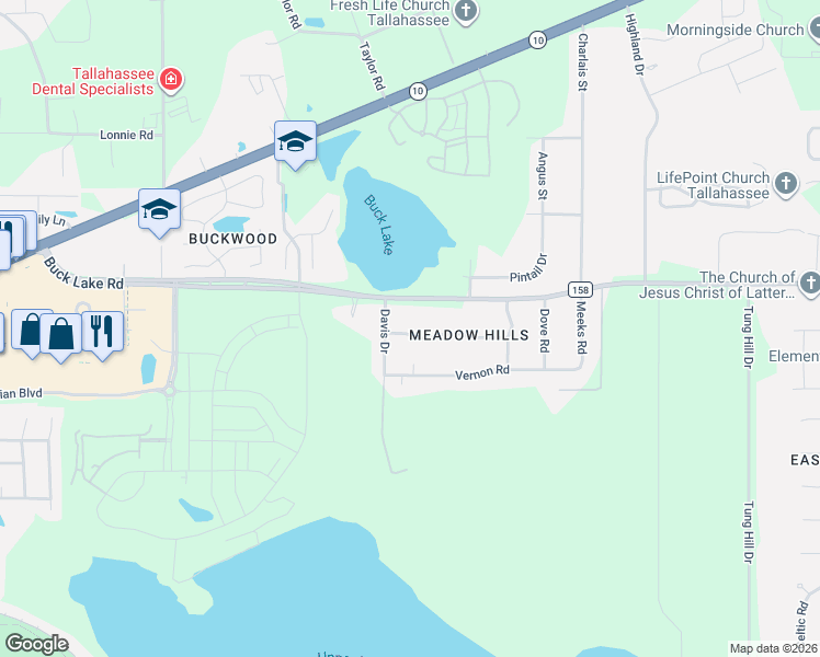map of restaurants, bars, coffee shops, grocery stores, and more near 1401 Davis Drive in Tallahassee