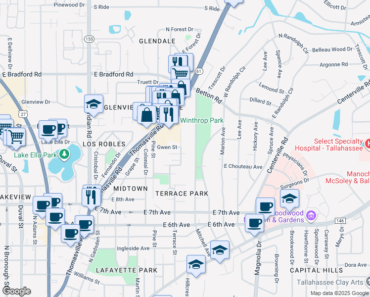 map of restaurants, bars, coffee shops, grocery stores, and more near 1534 Mitchell Avenue in Tallahassee