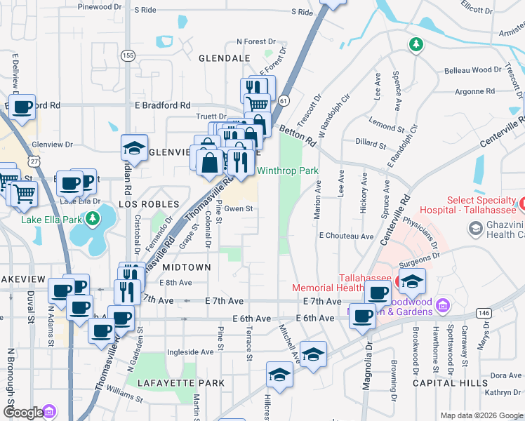 map of restaurants, bars, coffee shops, grocery stores, and more near 1534 Mitchell Avenue in Tallahassee