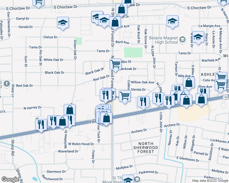 map of restaurants, bars, coffee shops, grocery stores, and more near 11368 Glenda Drive in Baton Rouge