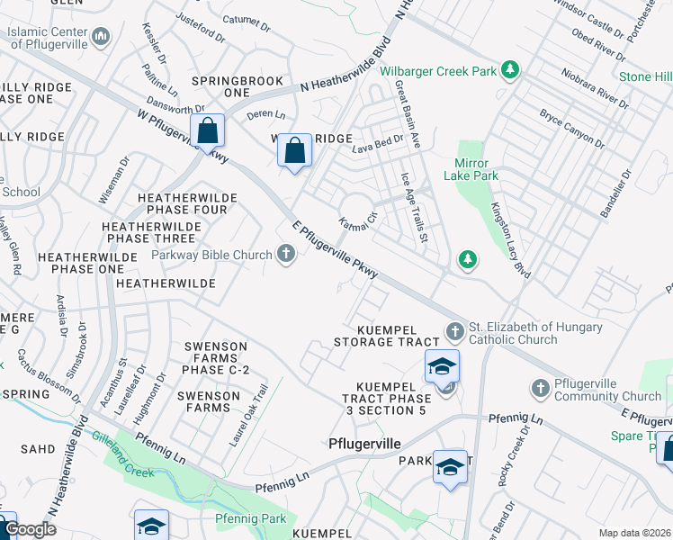 map of restaurants, bars, coffee shops, grocery stores, and more near 409 East Pflugerville Parkway in Pflugerville