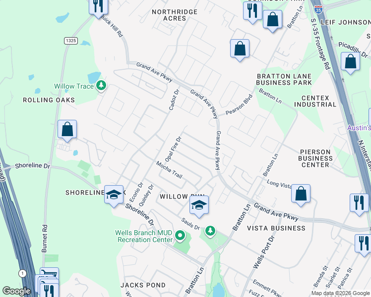 map of restaurants, bars, coffee shops, grocery stores, and more near 3601 Bratton Ridge Crossing in Austin