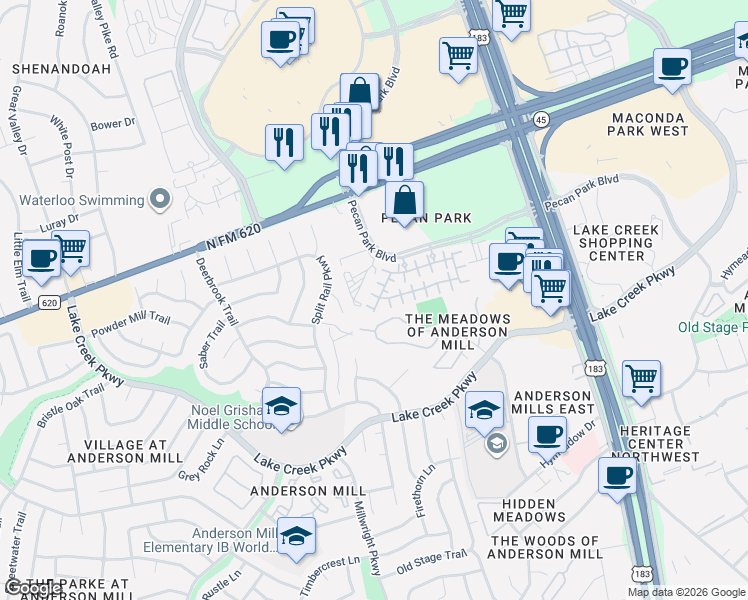 map of restaurants, bars, coffee shops, grocery stores, and more near 10901 Vetters in Austin
