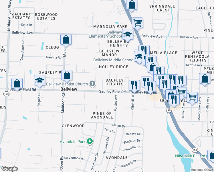 map of restaurants, bars, coffee shops, grocery stores, and more near 1 Parda Boulevard in Pensacola