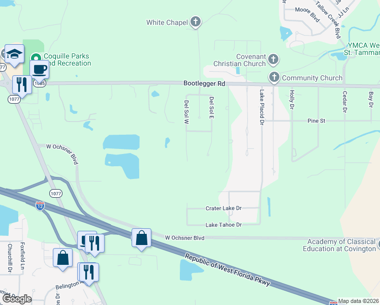 map of restaurants, bars, coffee shops, grocery stores, and more near 193 Del Sol West in Covington