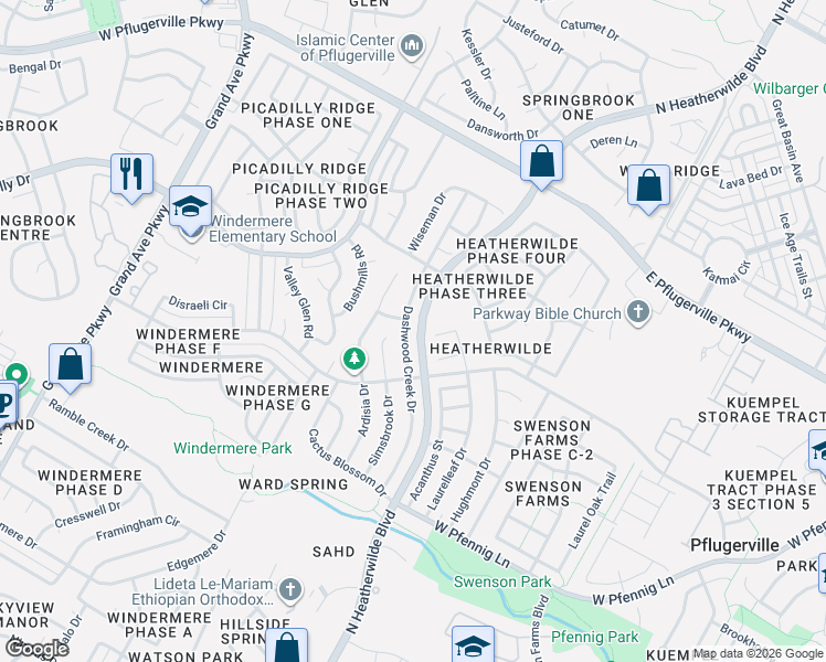 map of restaurants, bars, coffee shops, grocery stores, and more near 17131 Dashwood Creek Drive in Pflugerville