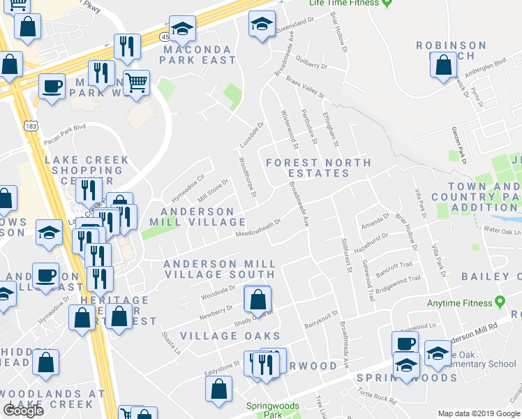 map of restaurants, bars, coffee shops, grocery stores, and more near 9613 Moorberry Street in Austin