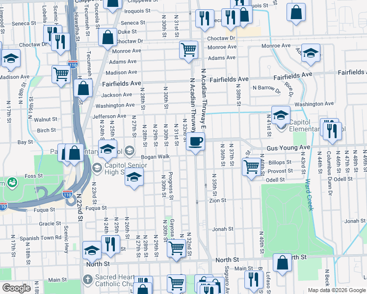 map of restaurants, bars, coffee shops, grocery stores, and more near 1559 North Acadian Thruway West in Baton Rouge