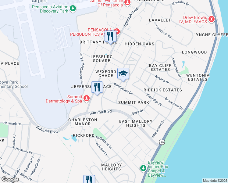 map of restaurants, bars, coffee shops, grocery stores, and more near 4050 Claiborne Circle in Pensacola