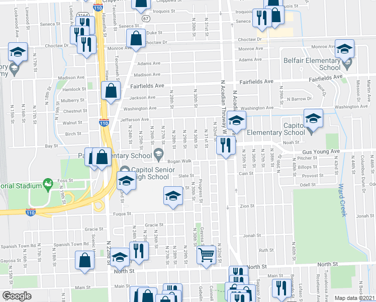 map of restaurants, bars, coffee shops, grocery stores, and more near 1446 North 29th Street in Baton Rouge