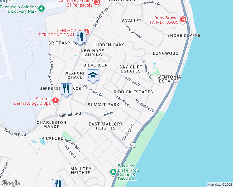 map of restaurants, bars, coffee shops, grocery stores, and more near 3460 Blueridge Drive in Pensacola
