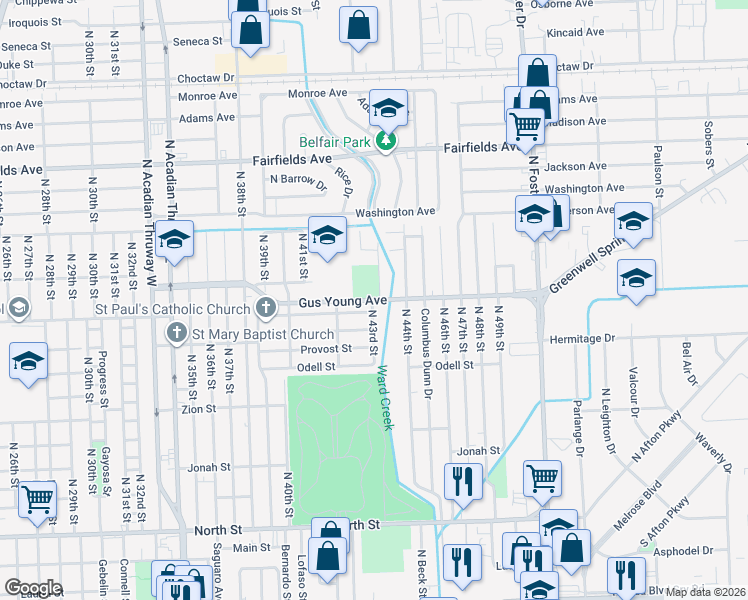 map of restaurants, bars, coffee shops, grocery stores, and more near 4141 Gus Young Avenue in Baton Rouge