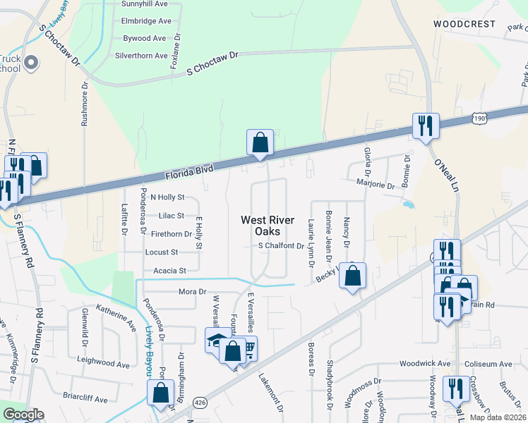 map of restaurants, bars, coffee shops, grocery stores, and more near 352 Fountainbleau Drive in Baton Rouge