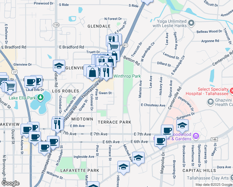 map of restaurants, bars, coffee shops, grocery stores, and more near 1534 Mitchell Avenue in Tallahassee