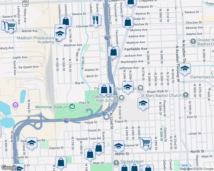 map of restaurants, bars, coffee shops, grocery stores, and more near 1555 Plank Road in Baton Rouge
