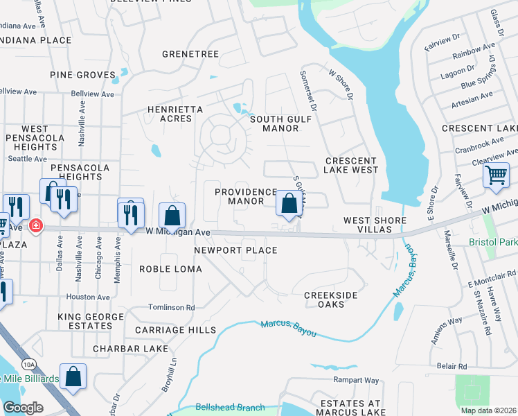 map of restaurants, bars, coffee shops, grocery stores, and more near 2353 Silversides Loop in Pensacola