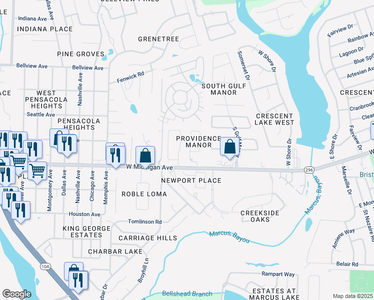 map of restaurants, bars, coffee shops, grocery stores, and more near 5841 Providence Loop in Pensacola