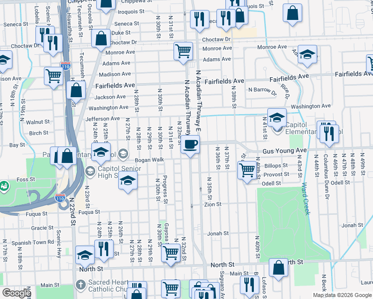 map of restaurants, bars, coffee shops, grocery stores, and more near 1559 North Acadian Thruway West in Baton Rouge