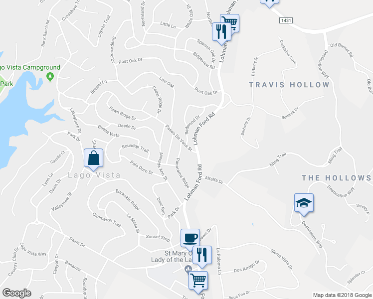 map of restaurants, bars, coffee shops, grocery stores, and more near 20507 Paseo De Vaca Street in Lago Vista