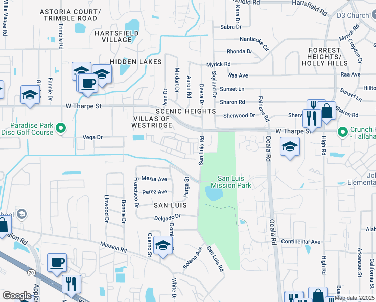 map of restaurants, bars, coffee shops, grocery stores, and more near 1560 San Miguel Avenue in Tallahassee