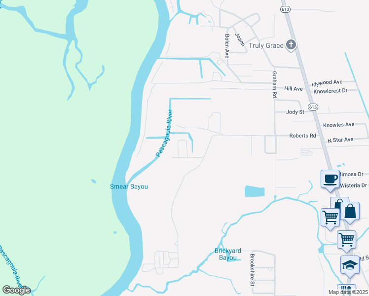 map of restaurants, bars, coffee shops, grocery stores, and more near 8309 William Baxter Road in Moss Point