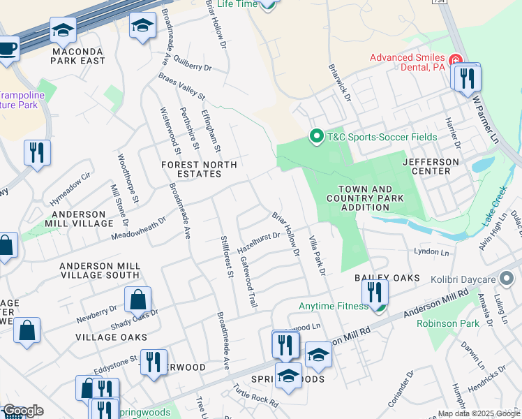 map of restaurants, bars, coffee shops, grocery stores, and more near 13229 Adonis Drive in Austin