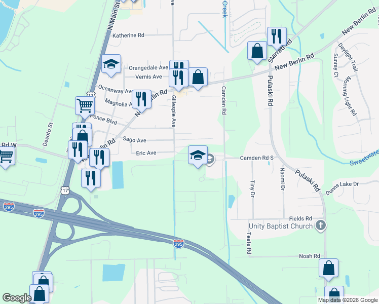 map of restaurants, bars, coffee shops, grocery stores, and more near 12441 Gillespie Avenue in Jacksonville