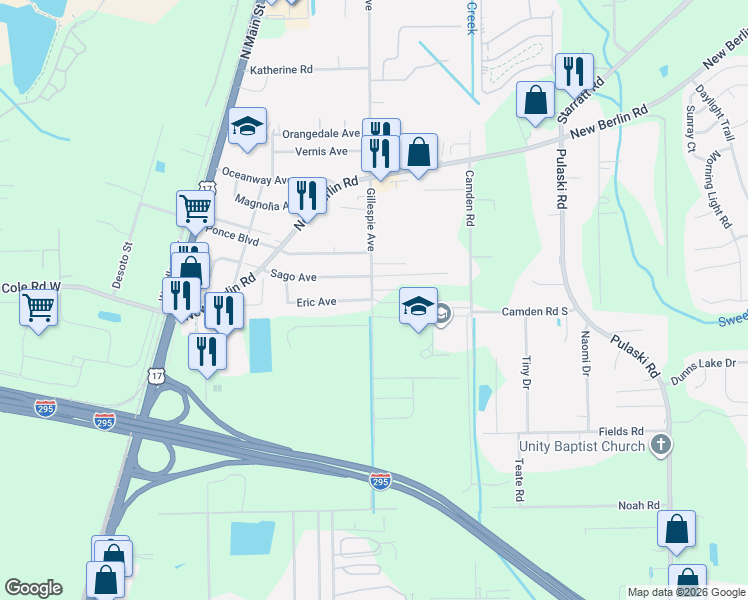 map of restaurants, bars, coffee shops, grocery stores, and more near 458 Eric Avenue in Jacksonville