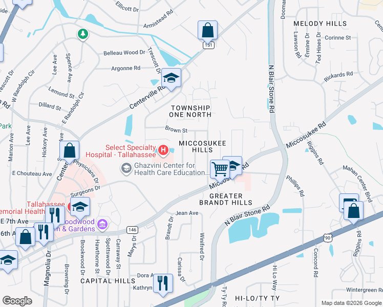 map of restaurants, bars, coffee shops, grocery stores, and more near 1514 Bowman Drive in Tallahassee