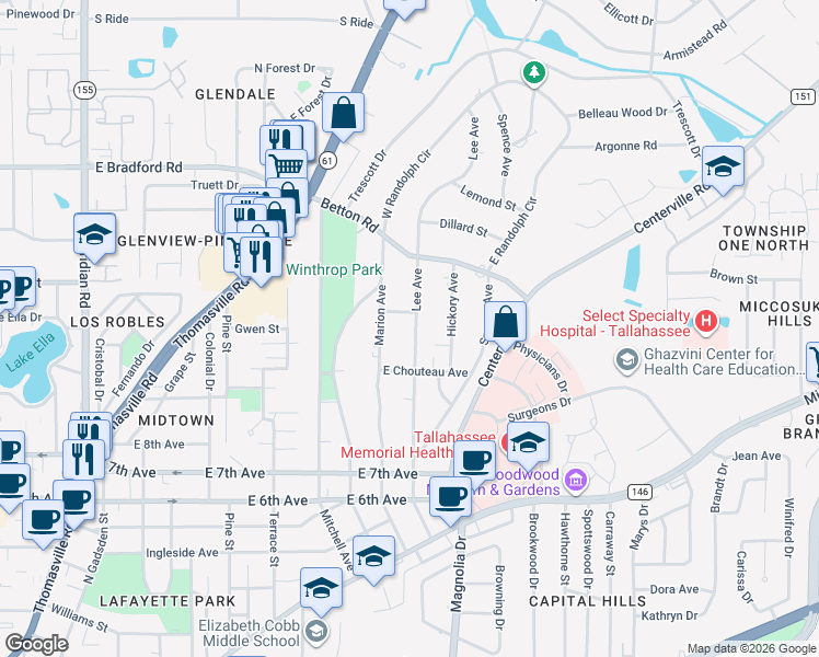map of restaurants, bars, coffee shops, grocery stores, and more near 1537 Lee Avenue in Tallahassee