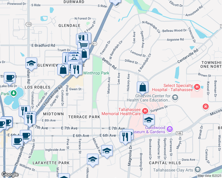 map of restaurants, bars, coffee shops, grocery stores, and more near 1548 Lee Avenue in Tallahassee