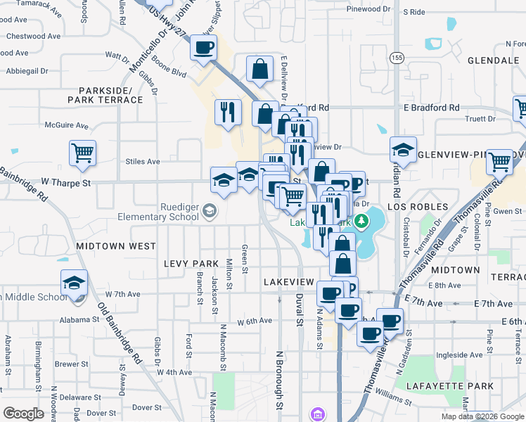 map of restaurants, bars, coffee shops, grocery stores, and more near 1701-1799 N Duval St in Tallahassee